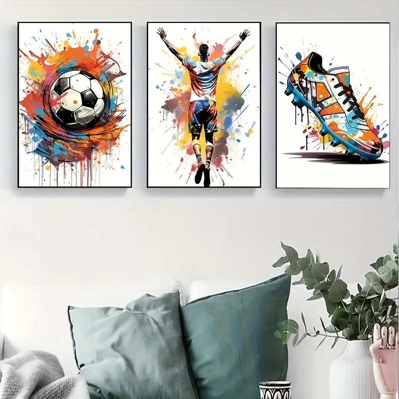 

Collection de 3 affiches de football sur toile - Décoration murale d'art graffiti moderne pour le salon, la chambre et le couloir - Cadeau idéal pour les passionnés de football