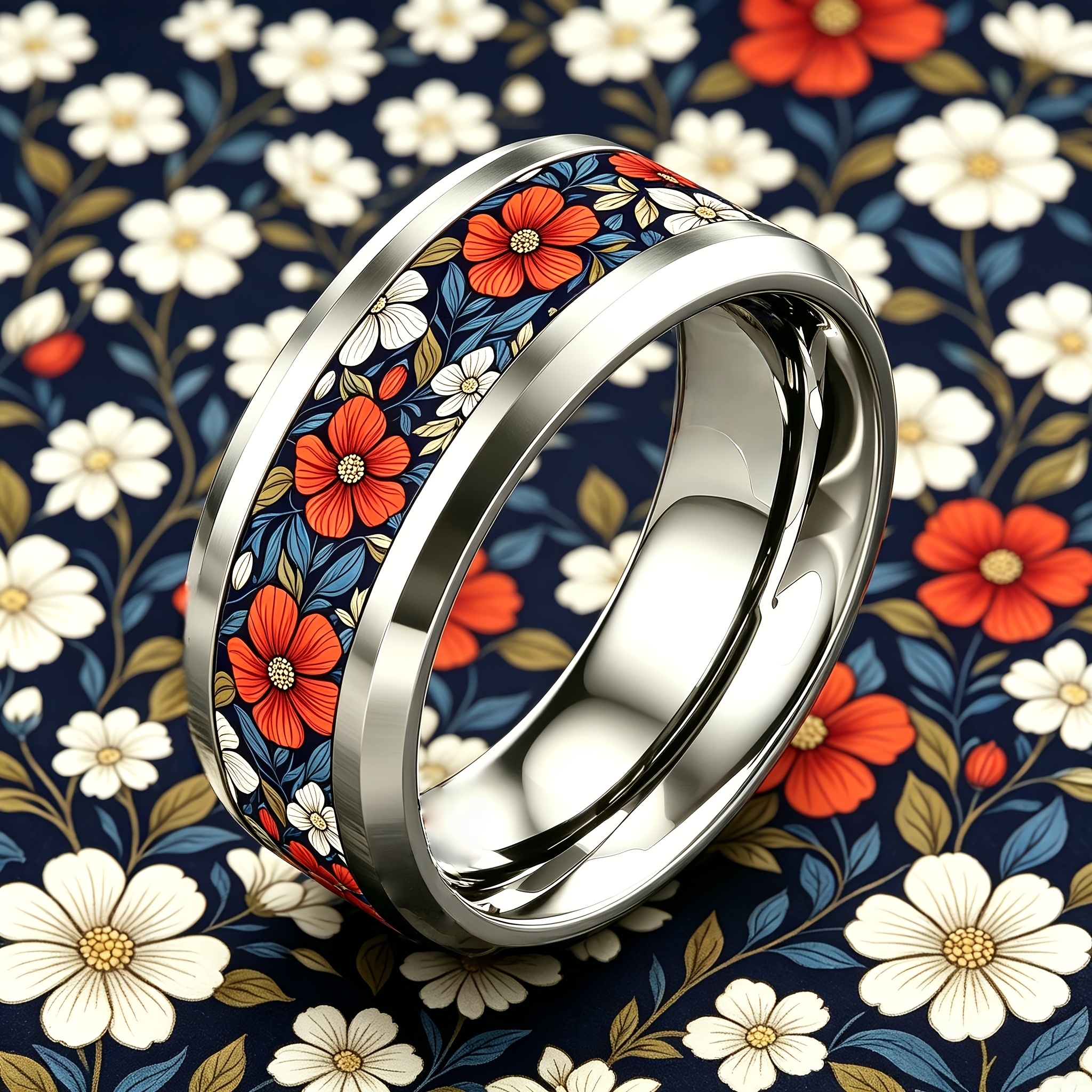 Navy Blue Daisy Branches 304 Stainless Steel Ring