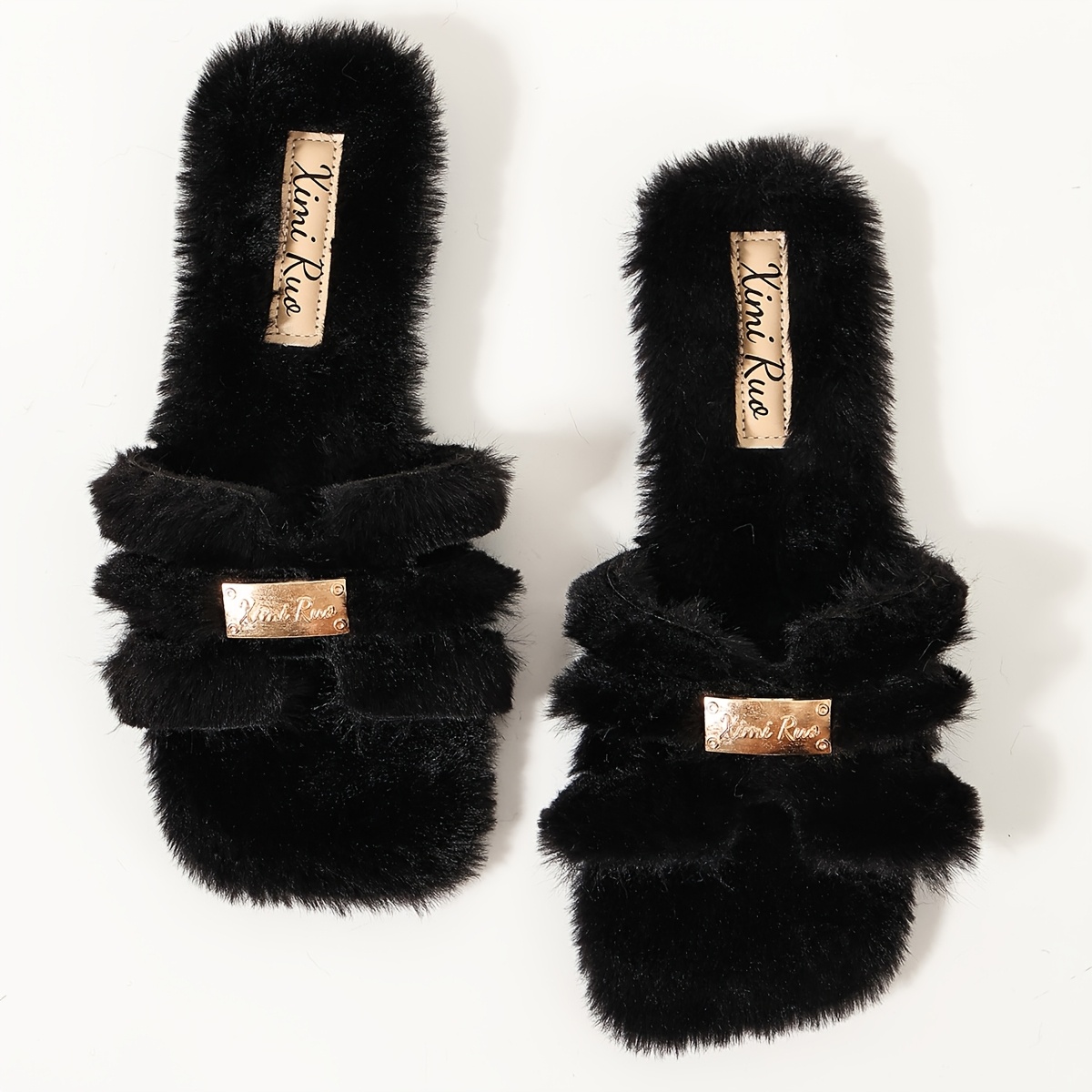 TEMU F92 Square Mid-rabbit Black Women' Color Flat Plush Slippers Casual Vacation Casual Shoes Beach Home Slippers Outdoor Winter Warm Slippers Plush