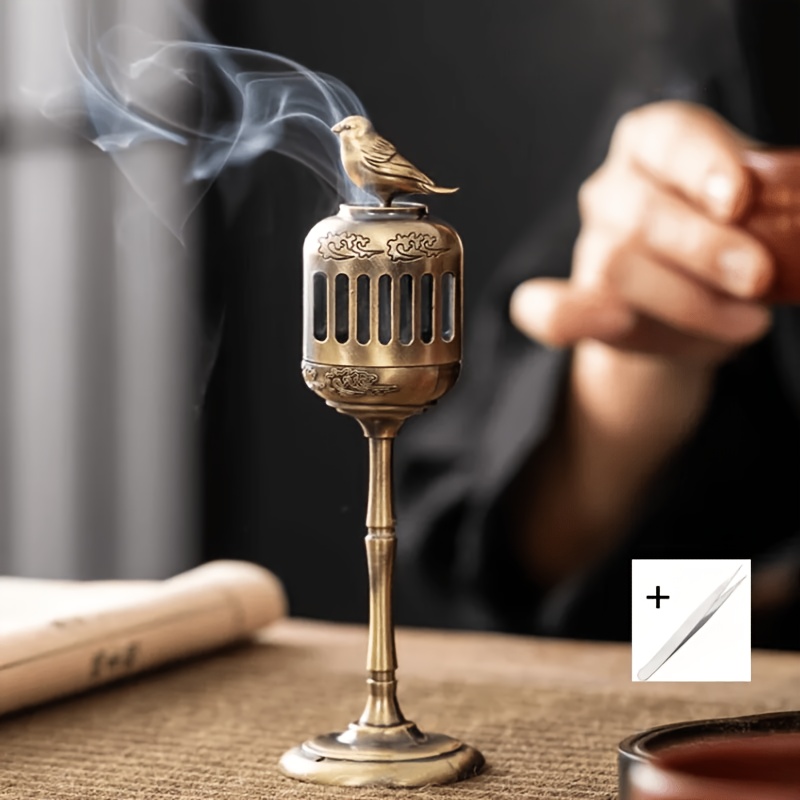 TEMU Metal Magpie Hollow Lamp Sandalwood Fragrance Backflow Incense Holder, For , Study Room, Home Decor (with Tweezers)