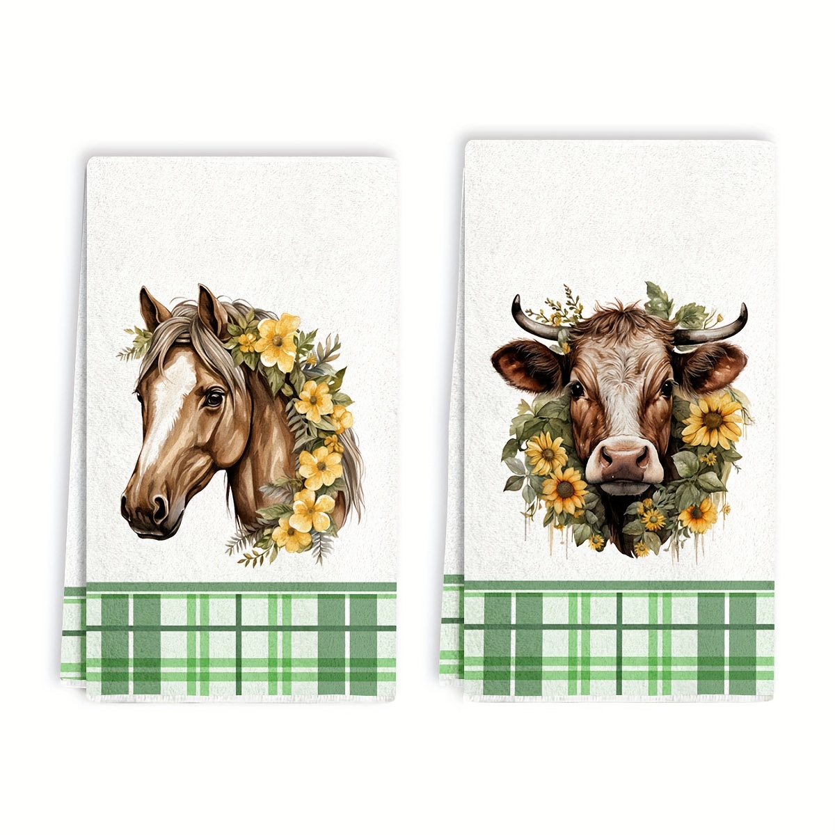 

2pcs, Hand Towels, Green And White Plaid Animal Series Pattern Dish Towels, Rustic Country Style Kitchen Towels, Soft And Absorbent Cloth Tea Towels, Cleaning Stuff, Kitchen Decor