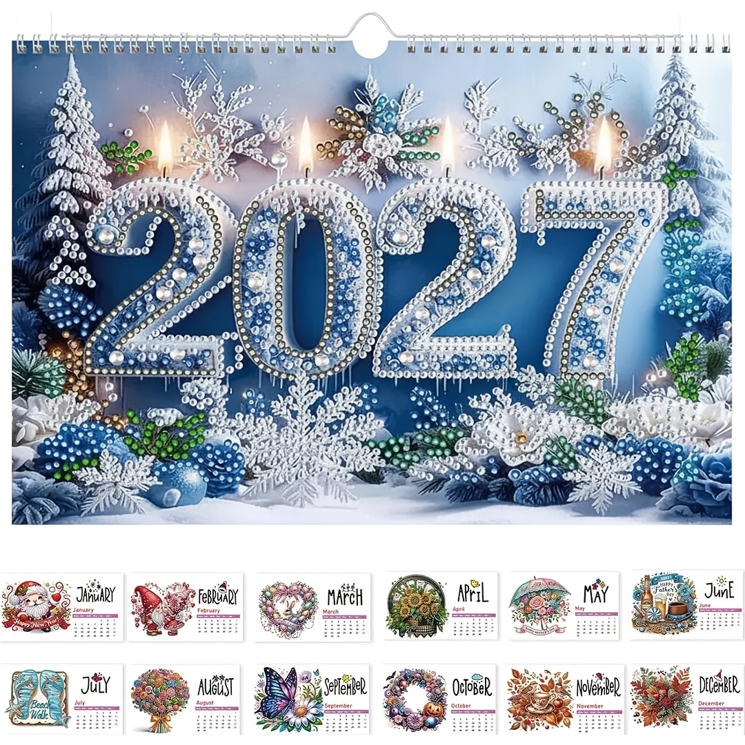 TEMU 2027 Diy Diamond Painting Wall Calendar With Coil Binding - Monthly Hanging Calendar Suitable For Decor, Handmade Gift With English Dates, Dated