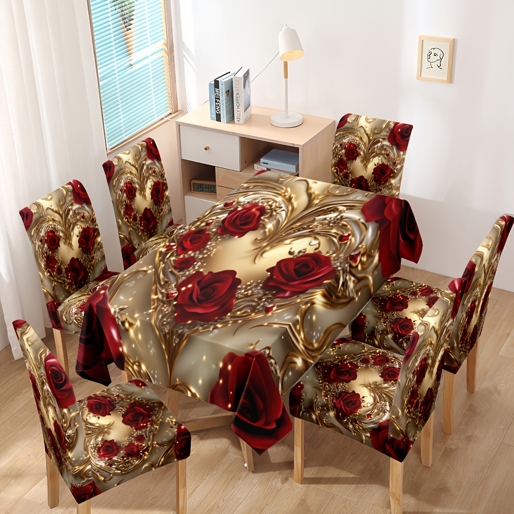 4/5/6/7pcs Valentine's Day Tablecloth And Chair Covers With Elegant Golden Floral & Red Rose Print, Elastic Dining Slipcovers For Room Kitchen Wedding Party Decor, Gift , Indoor Outdoor Use, H