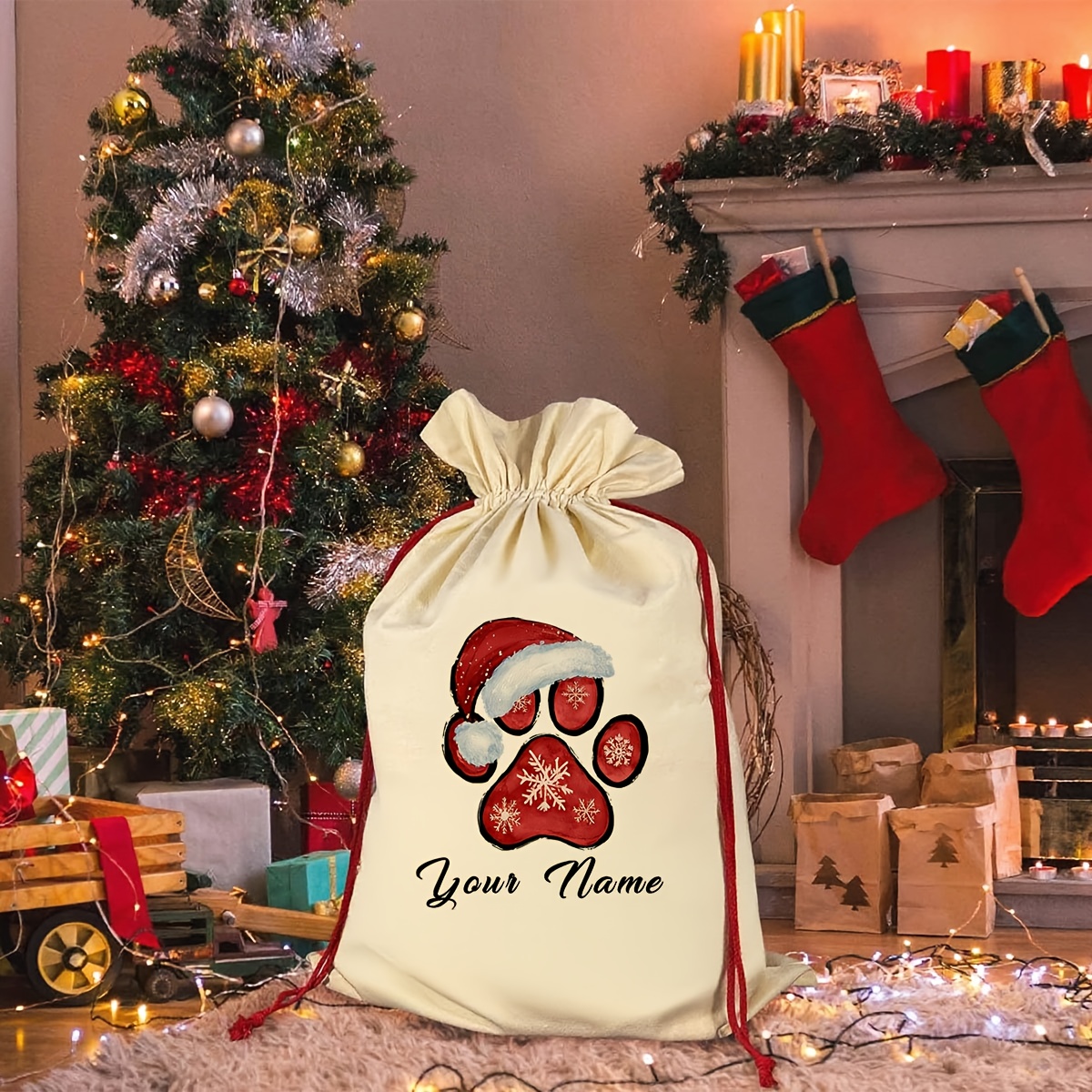 TEMU Christmas Party Drawstring Bag Personalized Christmas Santa Sack With Your Custom Text For Wrapping Gifts, Storing Presents, And Ideal For