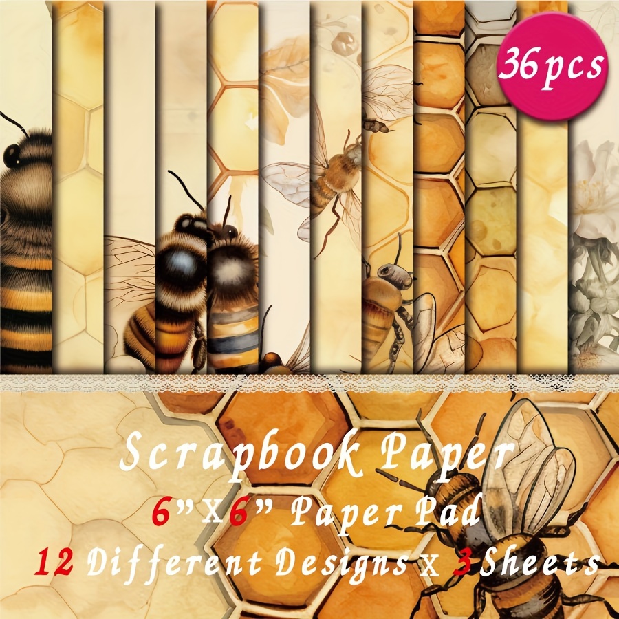 

36-pack Honeycomb & Bees Patterned Scrapbook Paper Pad - 6x6 Inch Decorative Craft Cardstock For Scrapbooking, Card Making & Diy Backgrounds, Art Projects Material