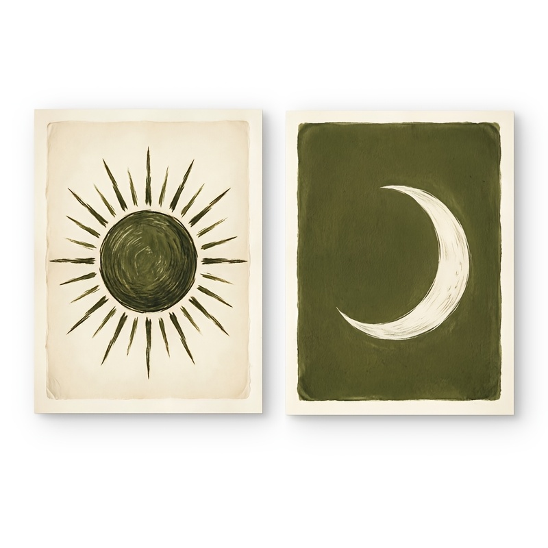 TEMU 2d Flat, 2pcs Boho Sun And Moon Wall Art Prints - Minimalist Olive Green Celestial Posters, Neutral Bohemian Abstract Vertical Canvas Posters