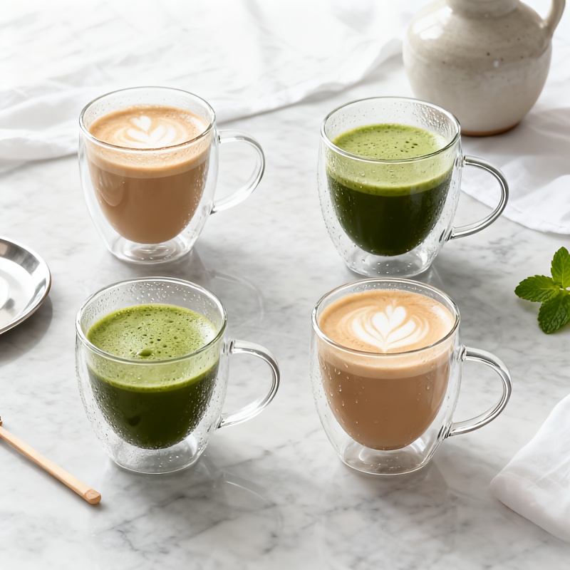 Juego de 2 vasos de pared doble de 250 ml (8.45 oz) con asas, vasos de espresso de vidrio aislado transparentes adecuados para lattes, cappuccinos, bolsitas de té y bebidas frías y calientes