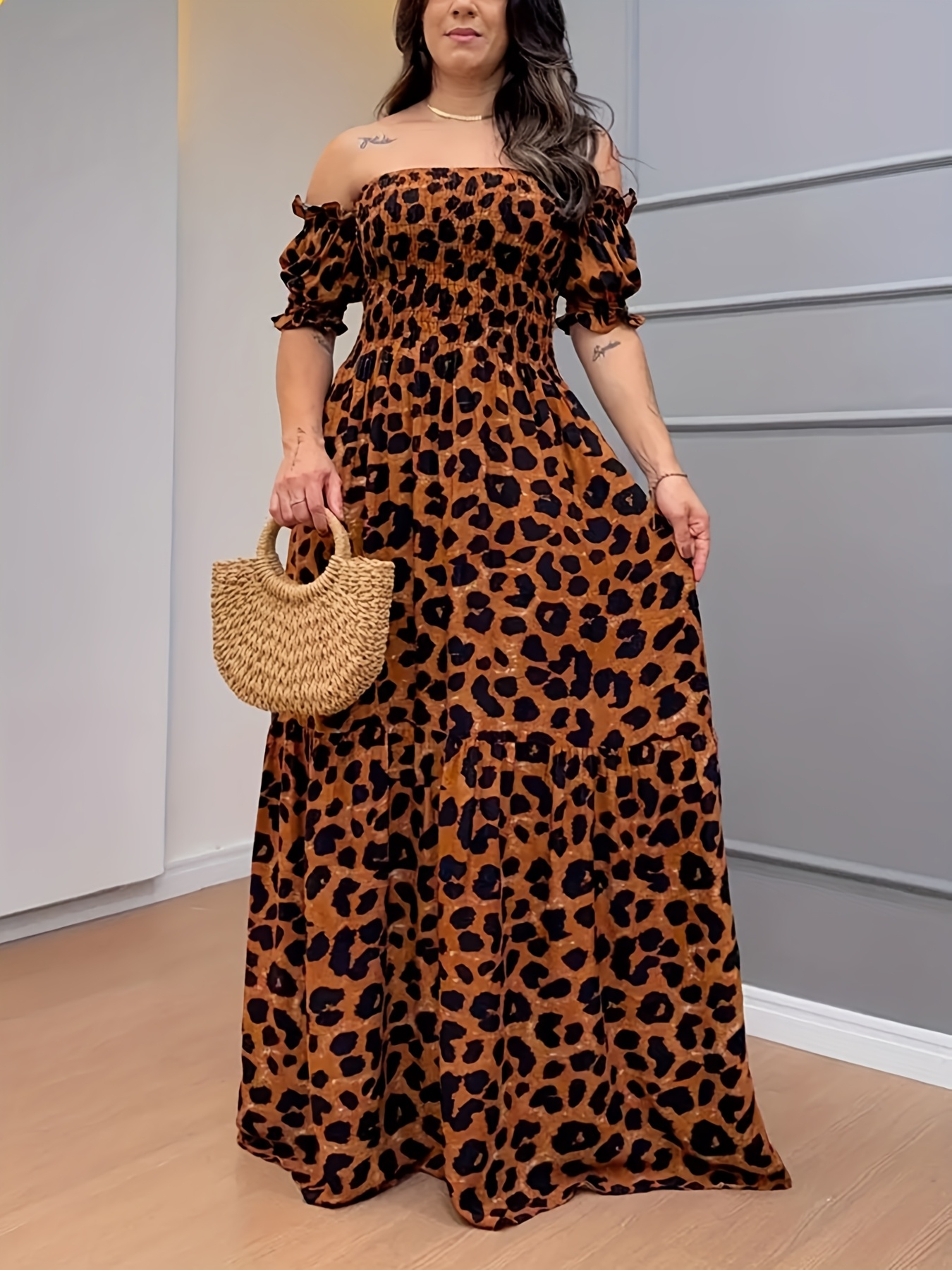 vestido largo descubierto estampado leopardo talla Temu Ecuador