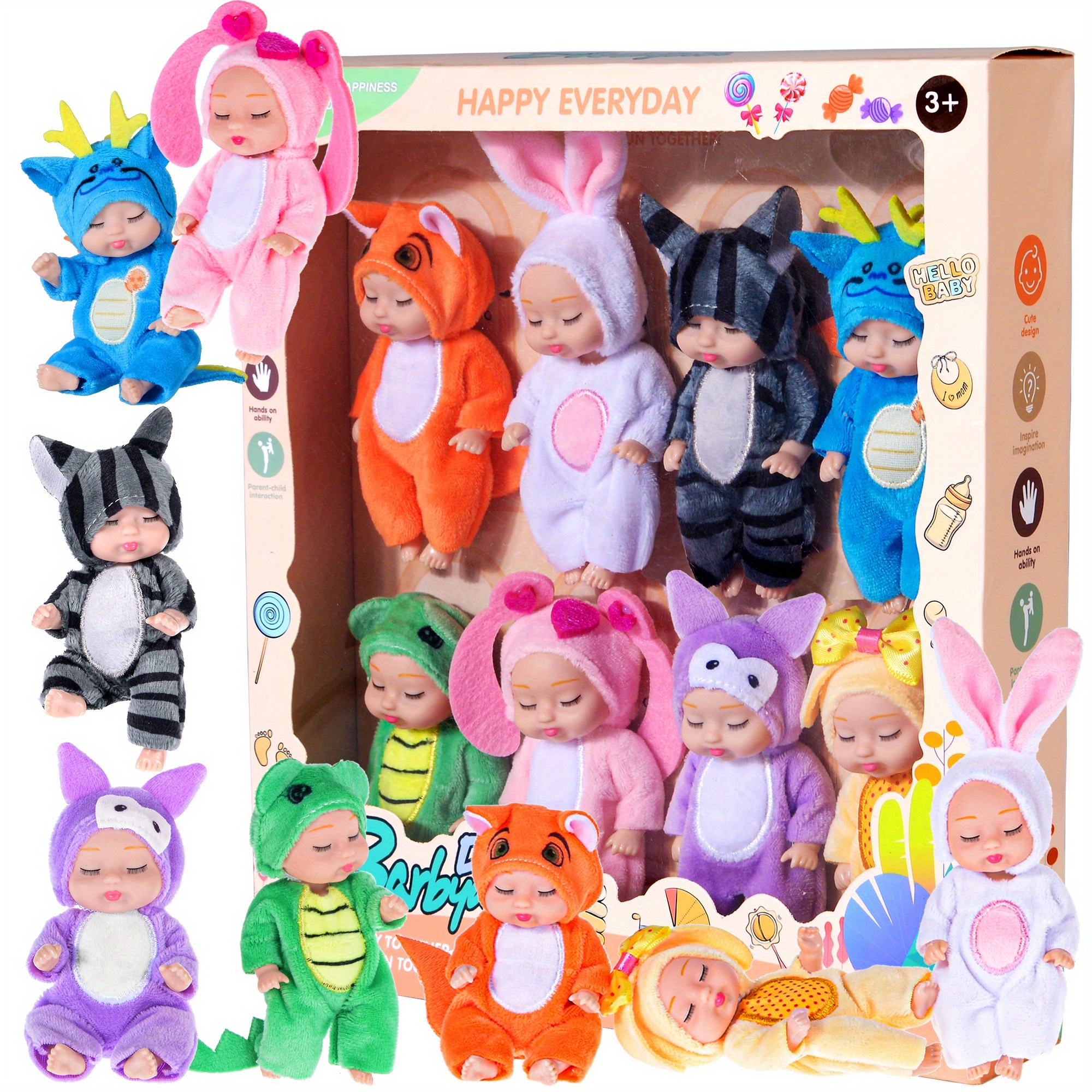 TEMU 8pcs Set Of 4-inch Animal Themed Lifelike Dolls, Collectible Dolls