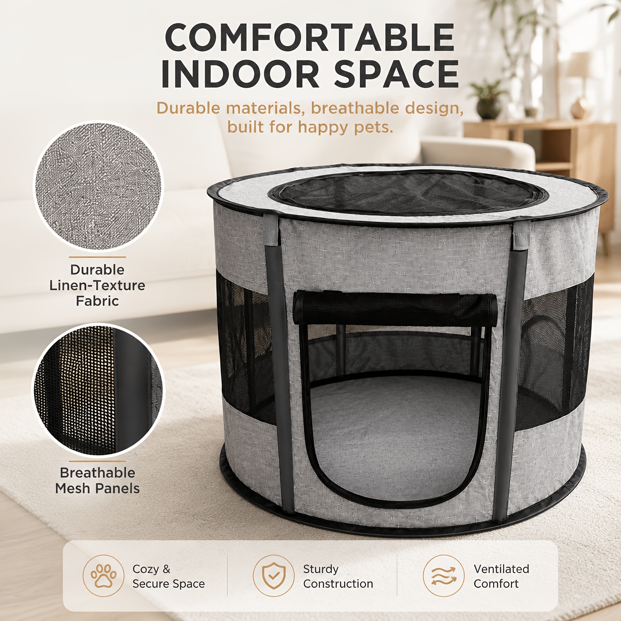 Foldable Portable Pop-Up Pet Playpen with Breathable Mesh Panels