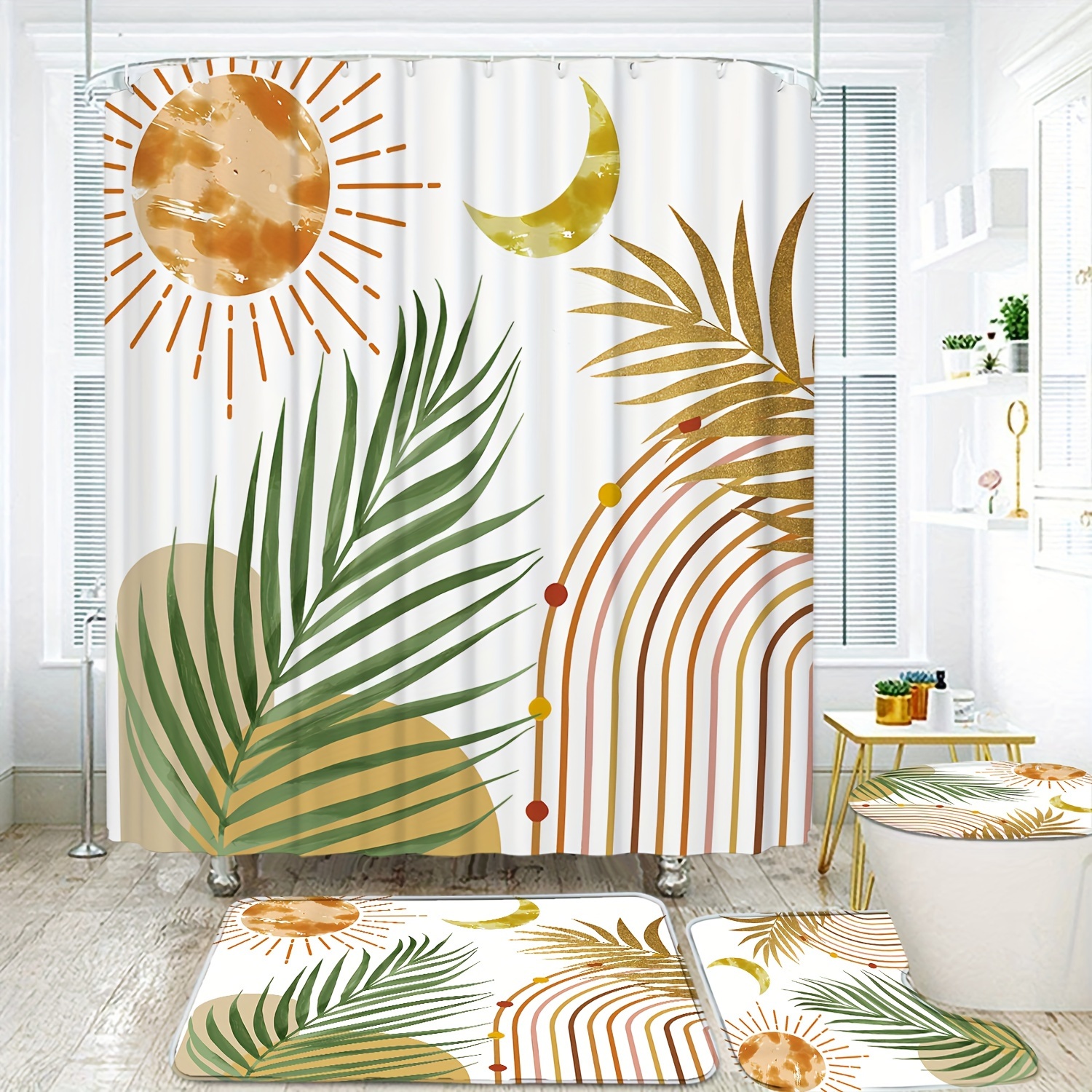 

4pcs Sun Arch Leaf Pattern Shower Curtain Set, Waterproof Shower Curtain With 12 Hooks, Bathroom Rug, Toilet U-shape Mat, Toilet Lid Cover, Boho Bathroom Full Sets, Bathroom Accessories