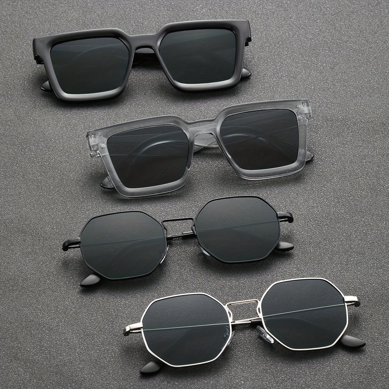 

4 Paires de Lunettes de Mode pour Hommes avec Monture Carrée Géométrique en Métal, Adaptées aux Loisirs en Extérieur, Accessoires de Prise de Vue Élégants et Polyvalents