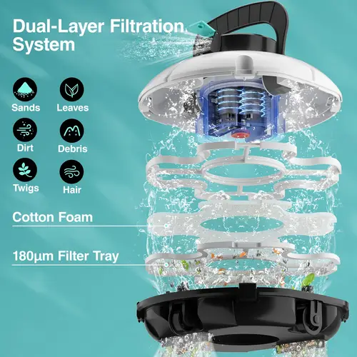 automatic cordless pool vacuum cleaner robot powerful suction dual cleaning battery ac powered for flat pools up to 538 sq ft white green robotic vacuum cleaner