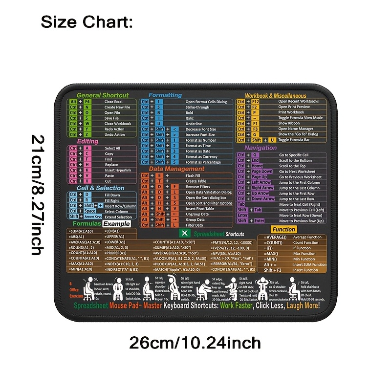 TEMU Excel Shortcut Mouse Pad, Desk Mat, Portable Laptop Mouse Pad, Rubber Base, Stitched Edges, Hd Printing, Suitable For Pc, Laptop And Wireless