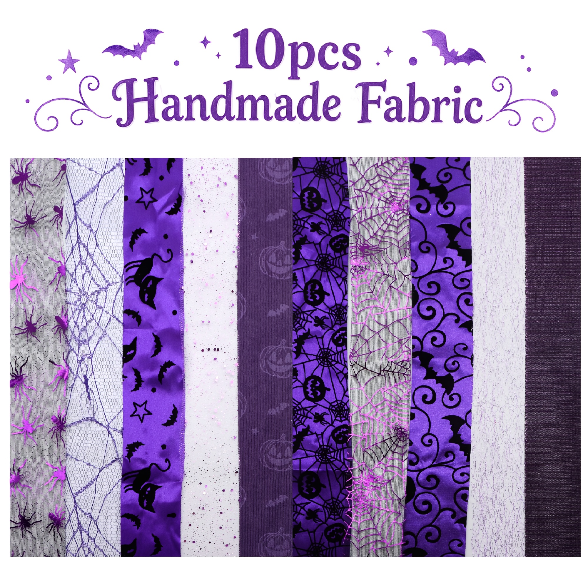 TEMU 10pcs/set, Making 10 Images 1pc Each, Each Size: 2.48 X 19.69 Inches Pumpkin Plain Purple Halloween Pattern Sliced Fabric Set Style Combination,