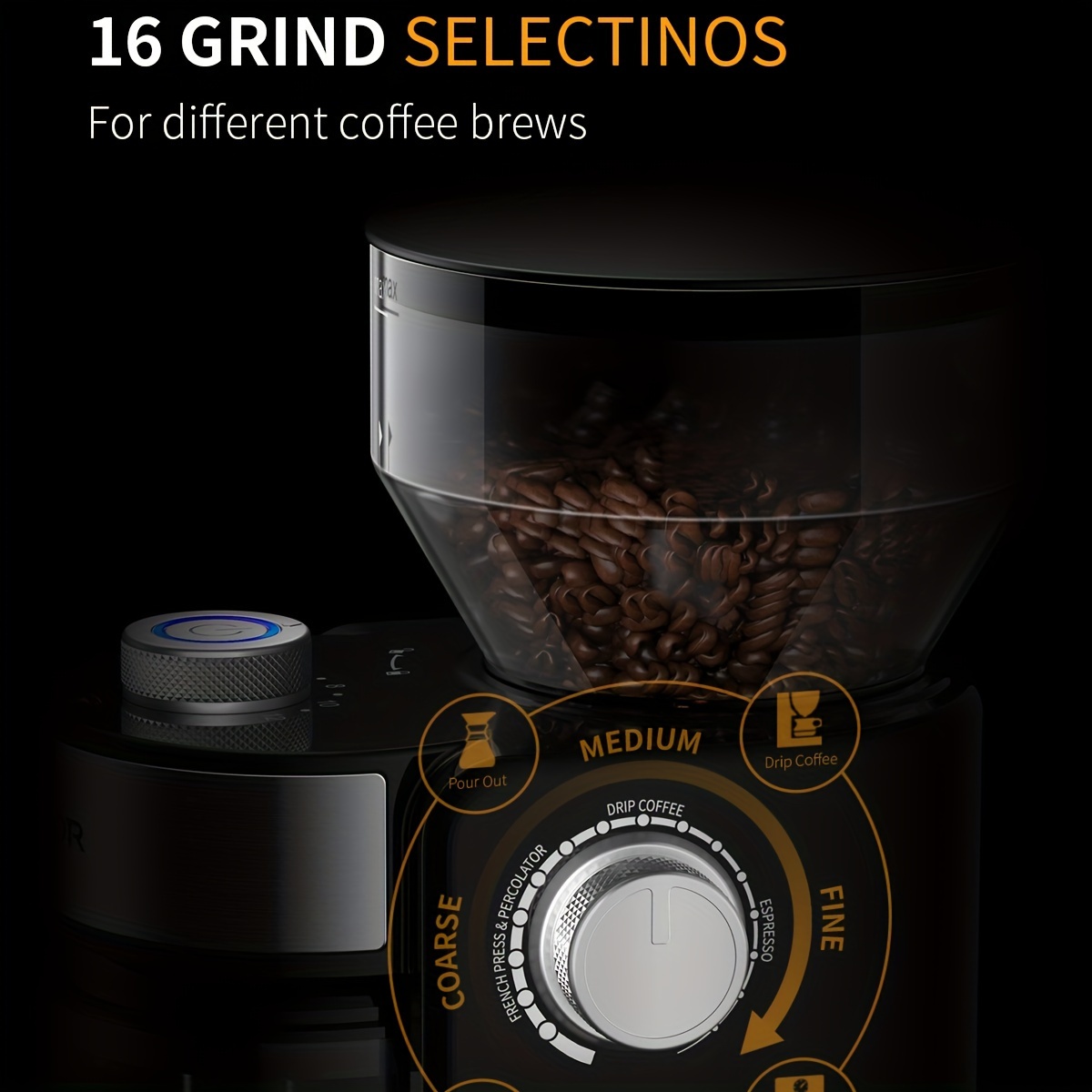 Electric Coffee Grinder With Adjustable Burrs, 16 Precise Grinder Settings For 2-14 Cups, Black.