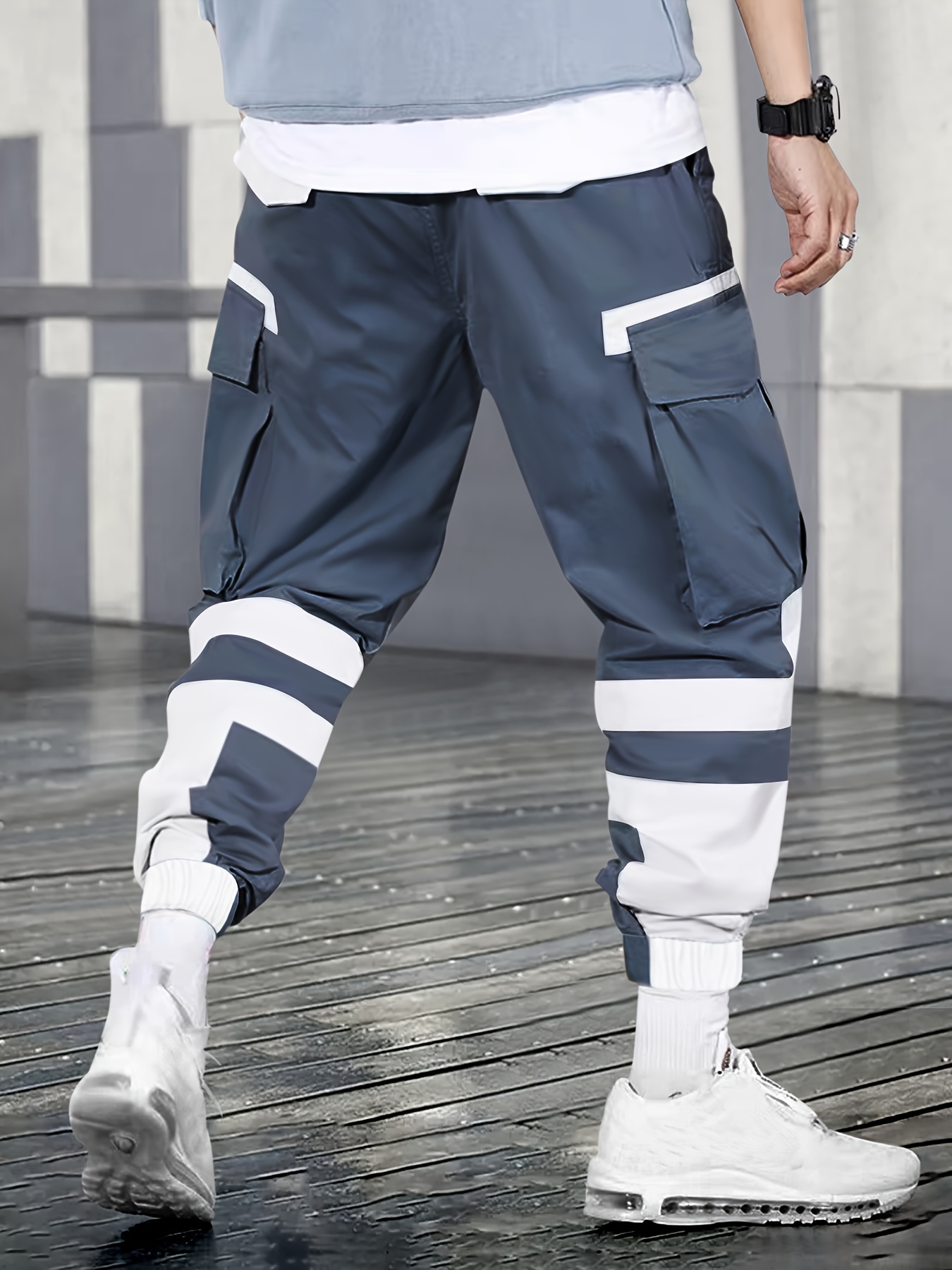 mens casual color block pocket cargo pants comfortable workwear outdoor hiking joggers stylish mens apparel relaxed fit