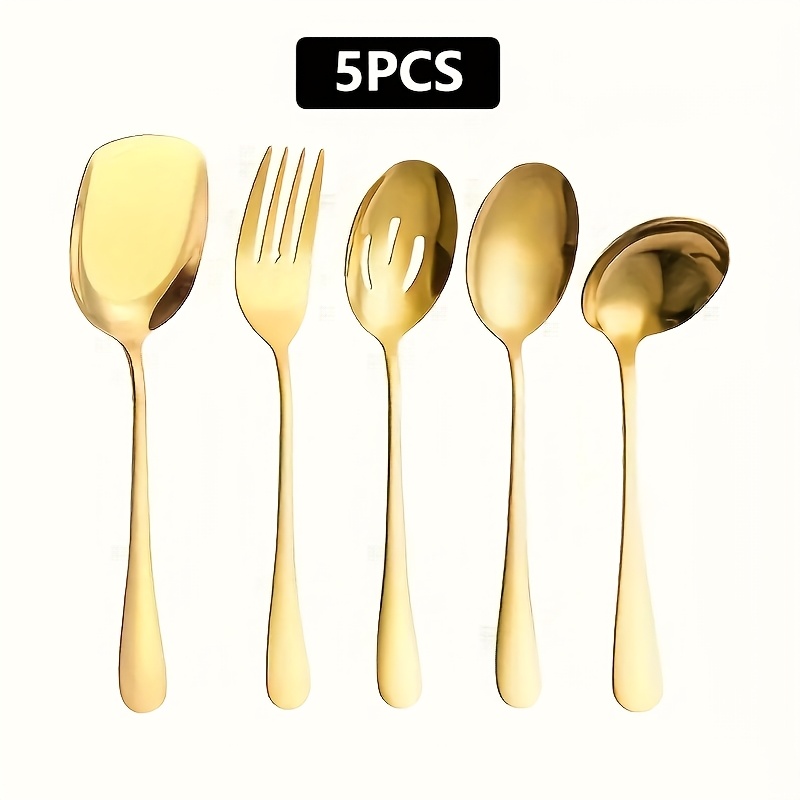 Image of 5pcs Set Of High-quality Stainless Tableware - Including Spoon/slotted Spoon/fork, Spoon And Shovel, Suitable For Buffet/restaurant/party/housewarming/christmas, Dishwasher Washable