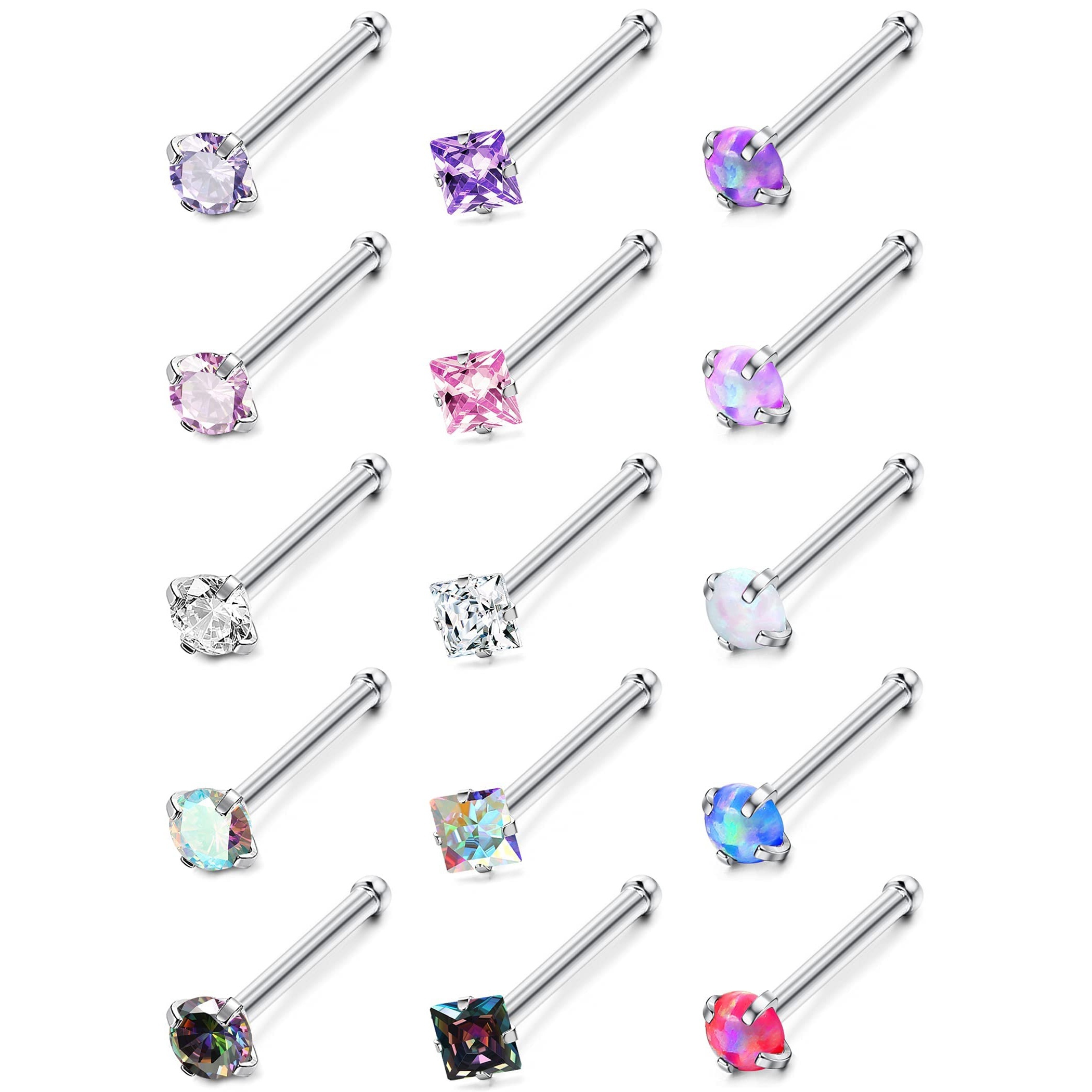 Image of Anti-allergic Nose Ring 15pcs 20g Surgical Stainless Steel Nose Ring Stud L-shaped Stud Ring Cubic Zirconia Nose Ring Labret Lip And Nose Piercing Jewelry For Men And Women