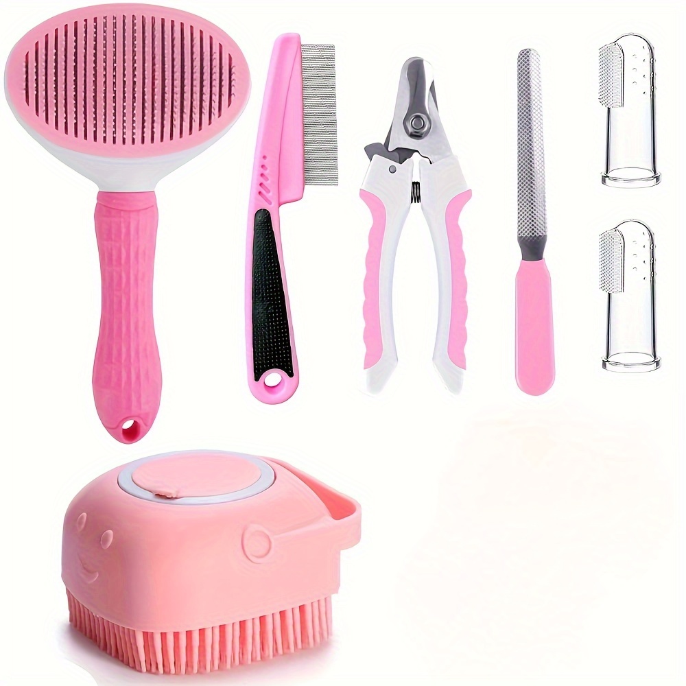 

7pcs/set Cat And Dog Brush Grooming Set, Pet Self Cleaning Brush With Pet Nail Clipper And File Flea Dog Comb Pet Bath Brush Pet Finger Toothbrush