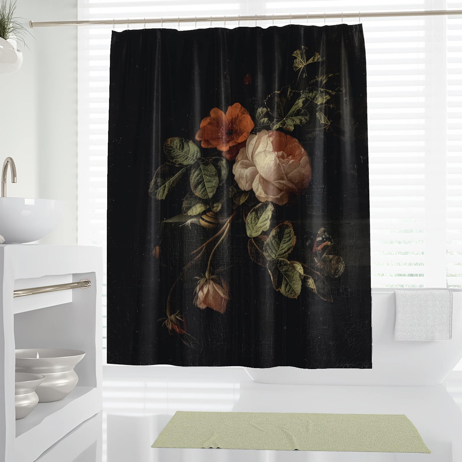 

1pc Classic Vintage Camellia Rose Floral Print Waterproof Polyester Shower Curtain With Hooks, Bathroom Decor