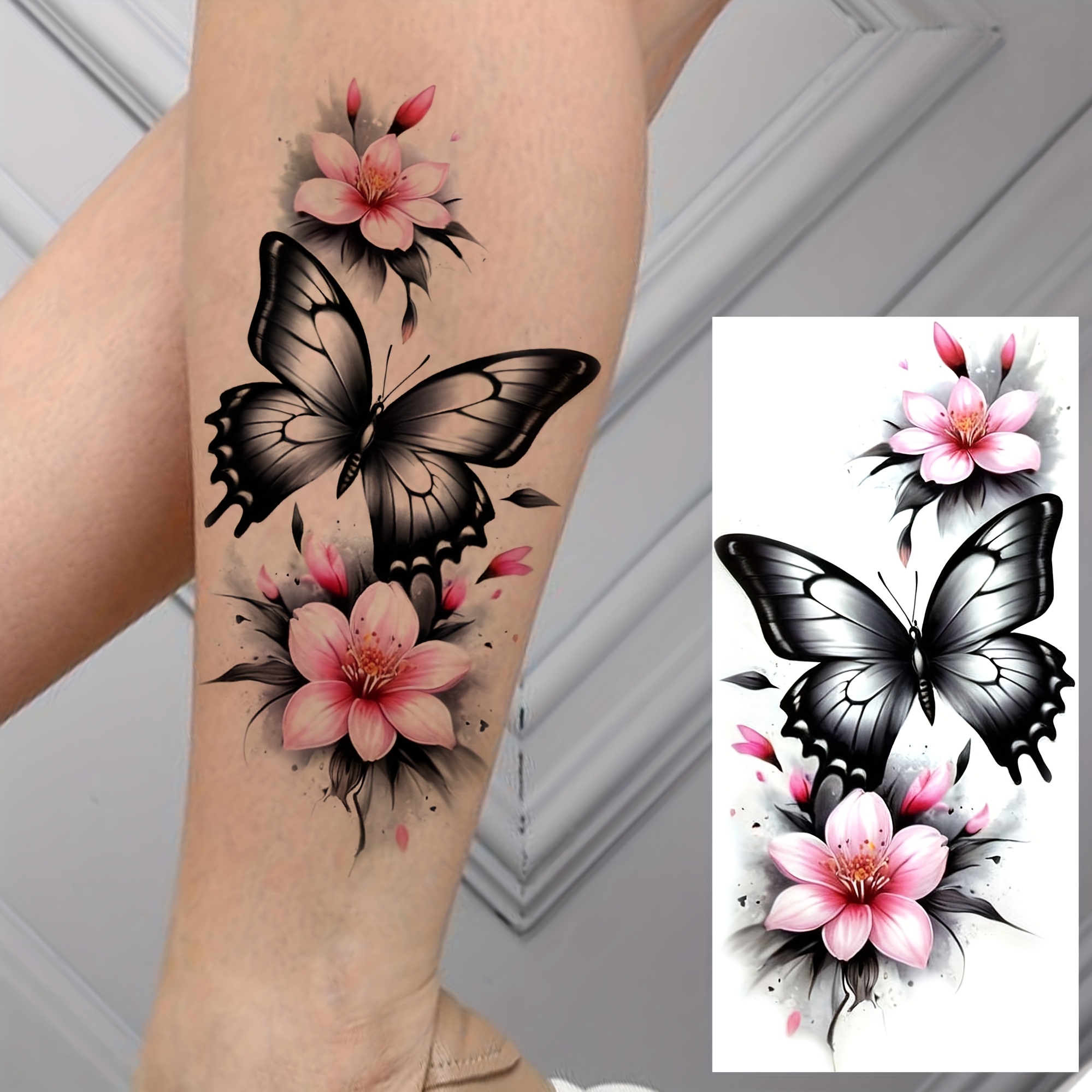 1 Sheet Flower Temporary Tattoos For Women Men Half Sleeve Thigh Legs Forearm Shank Adults Arm, Realistic Fake Tattoo Long Lasting Temp Waterproof Stickers