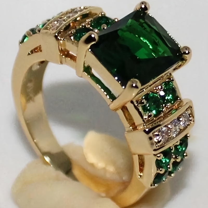 

1pc Elegant Golden-tone Green Synthetic Zirconia Ring For Women – Retro Bohemian Style, Classic Jewelry Accessory With Emerald & Teal Gemstones, Or Gifting