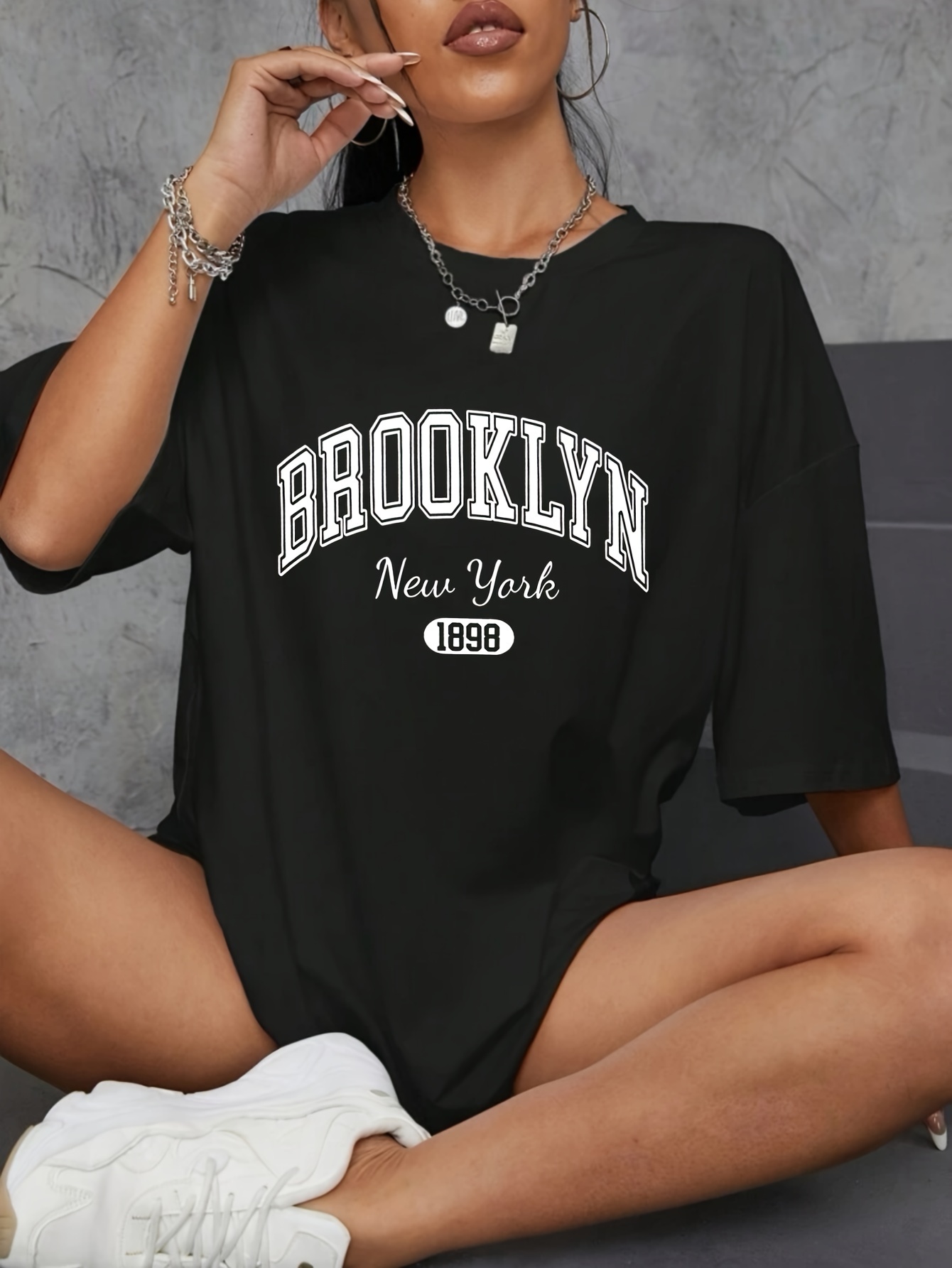 brooklyn letter print drop shoulder t shirt casual short Temu Australia