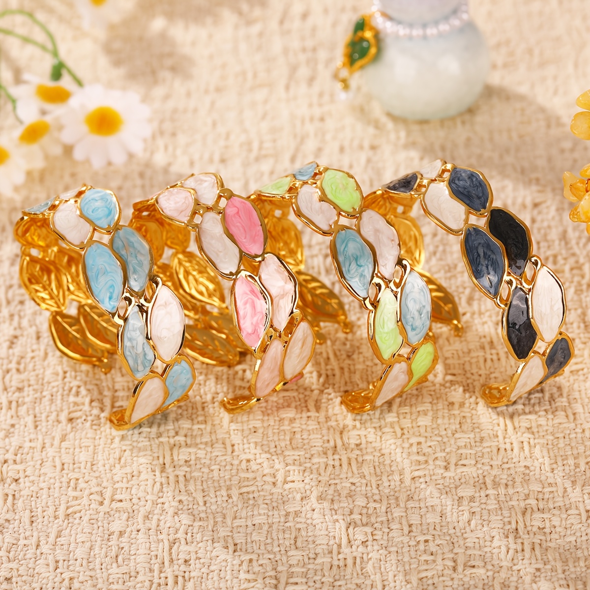 Elegant Color Block Enamel Open Cuff Bangle for Women, Soft Marbled Tone