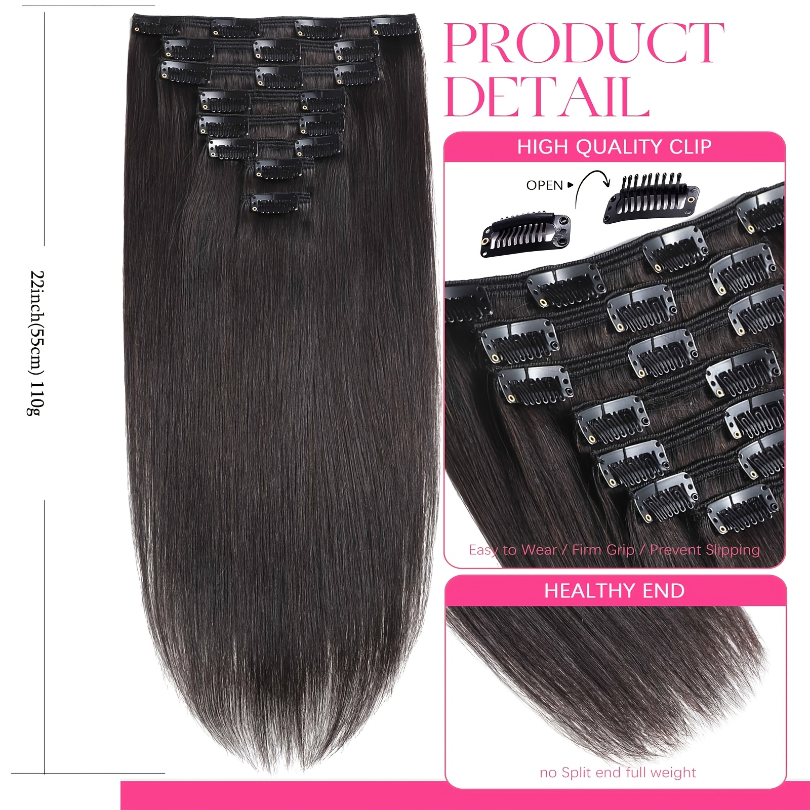 22 Inch Clip In Human Hair Extensions 110g 8pcs Set Double Weft Benehair THICK Double Weft Human Hair Extensions Clip In  main image 2