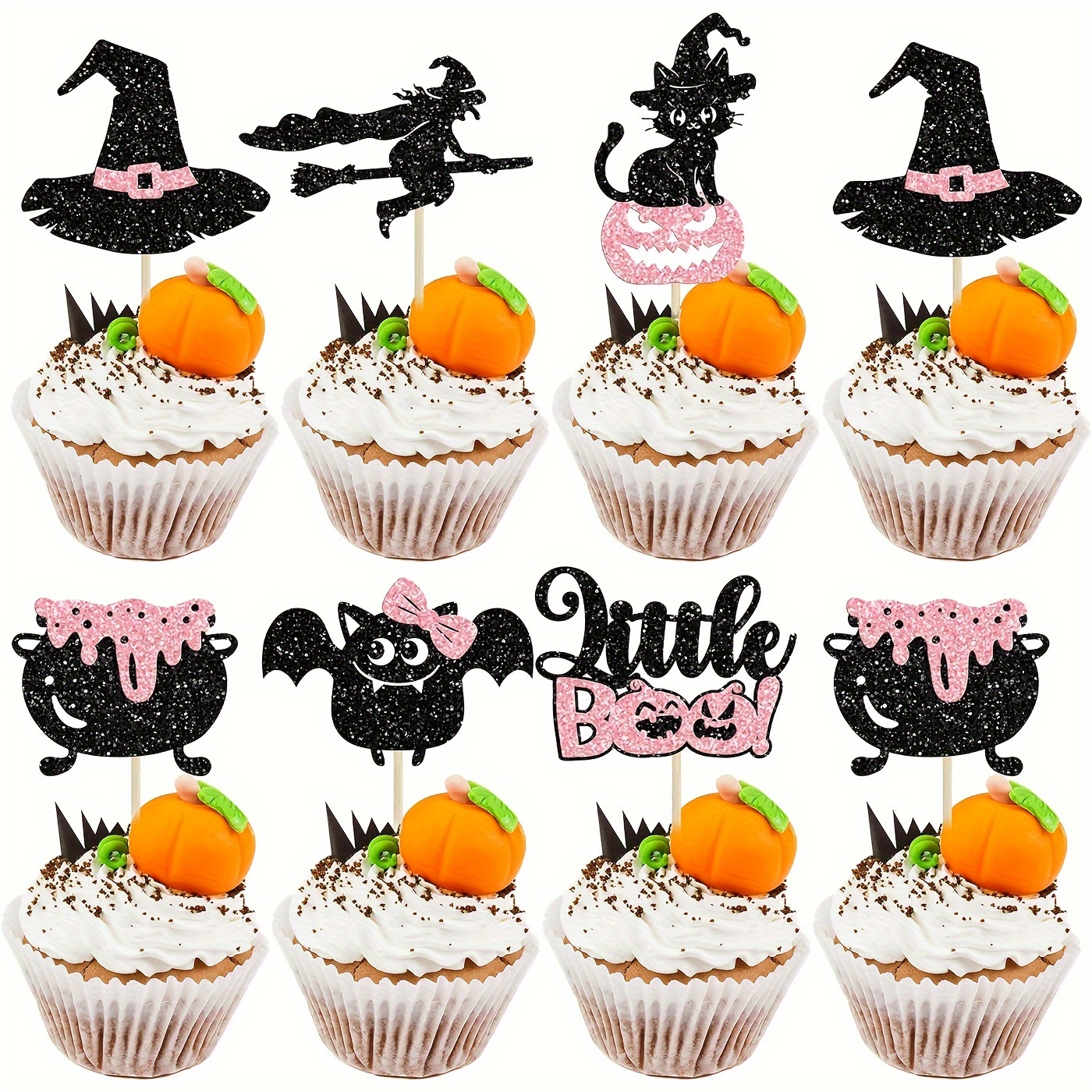 

24-pack Halloween Cupcake Toppers, Sparkling Pink Ghost, Shh Bat, Witch Hat, Cat & , Paper Cake Decorations For Baby Shower, Birthday Party, Halloween Themed Events - Non-electric Cake Supplies