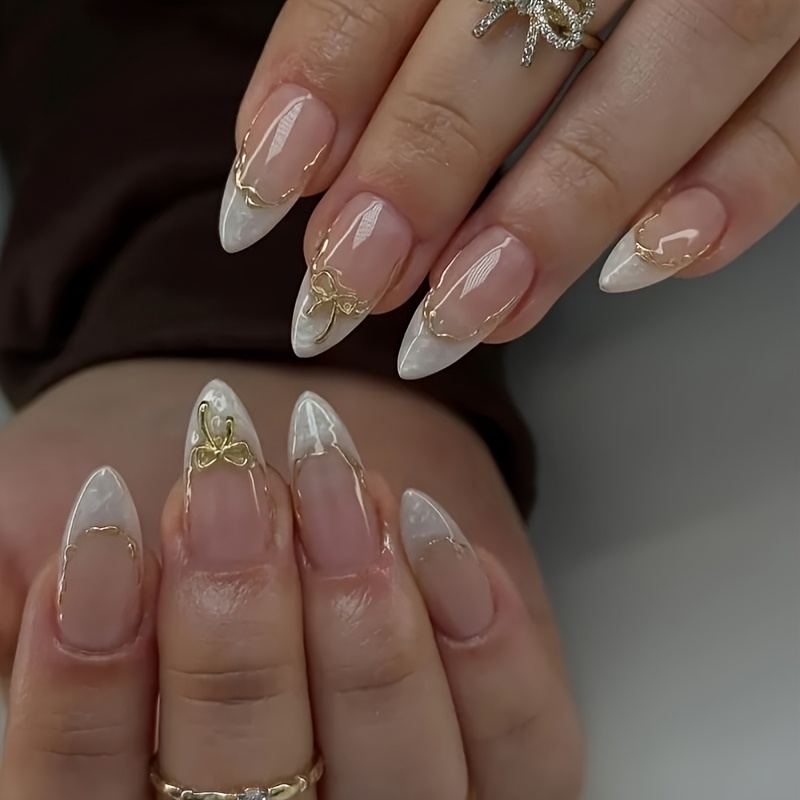 TEMU 24pcs Almond Press On Nails, Nude Pink With , & Glossy Fake Nails For Women