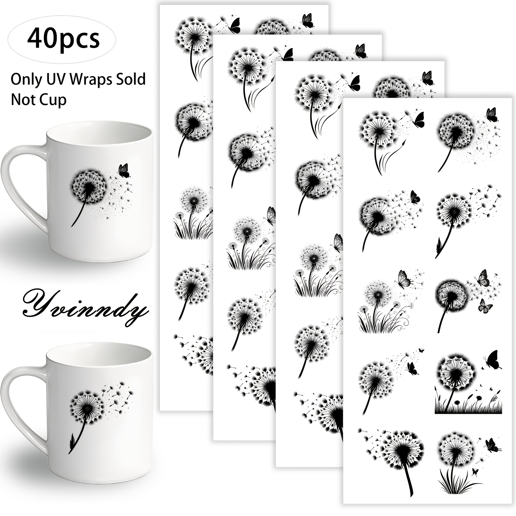 E-shop Set mit 40 UV DTF-Transfers mit Schmetterling und Löwenzahn, ideal für Tassen, Computer, Scrapbooks und mehr. Diese trendigen UV DTF sind bei