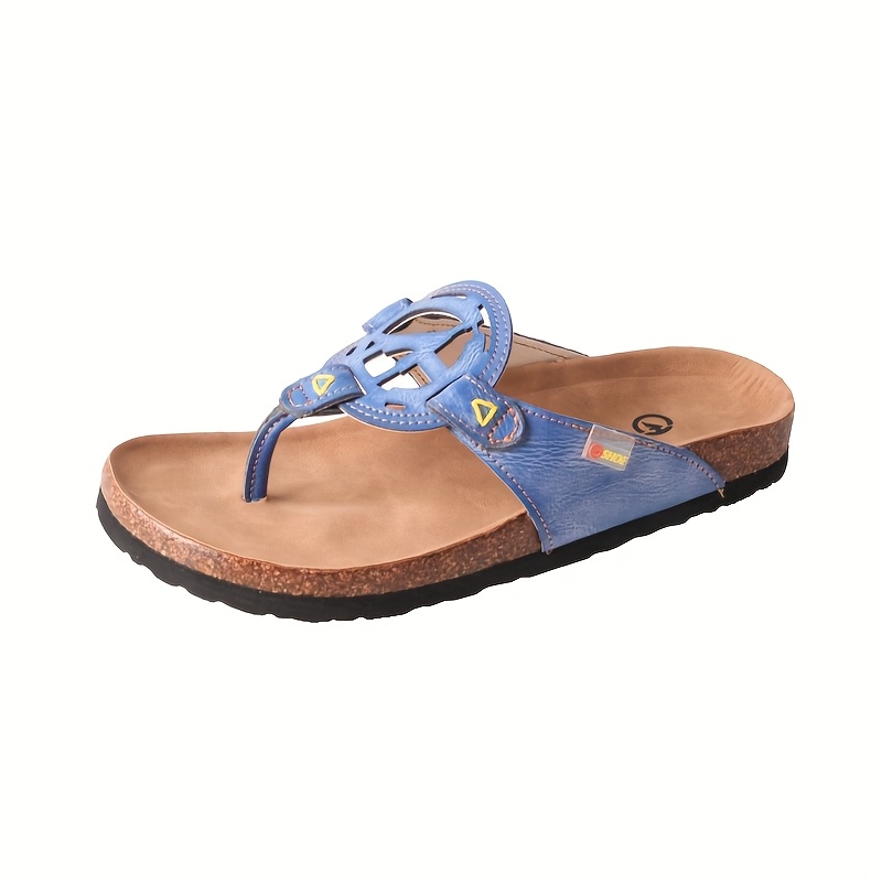  womens summer handcrafted anti slip comfortable casual hollow flip flops genuine leather upper insole eva sole split toe design beige with green stitching ladies sandals Product details 5
