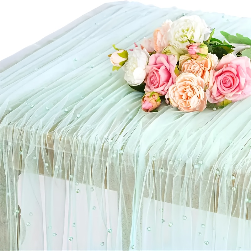 Image of 10 Ft Pearl Table Runner Tulle Fabric Lace Boho Glitter Tablecloth Table Runners For Bridal Shower Birthday Party Wedding Arch Veil Dessert Desk Decorations