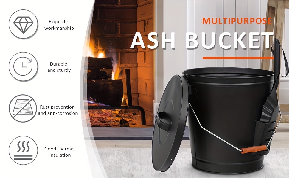 ash pan with lid and shovel 5 15 gallon galvanized large metal ash pan fireplace tool fire pit wood stove black 19 5l details 0