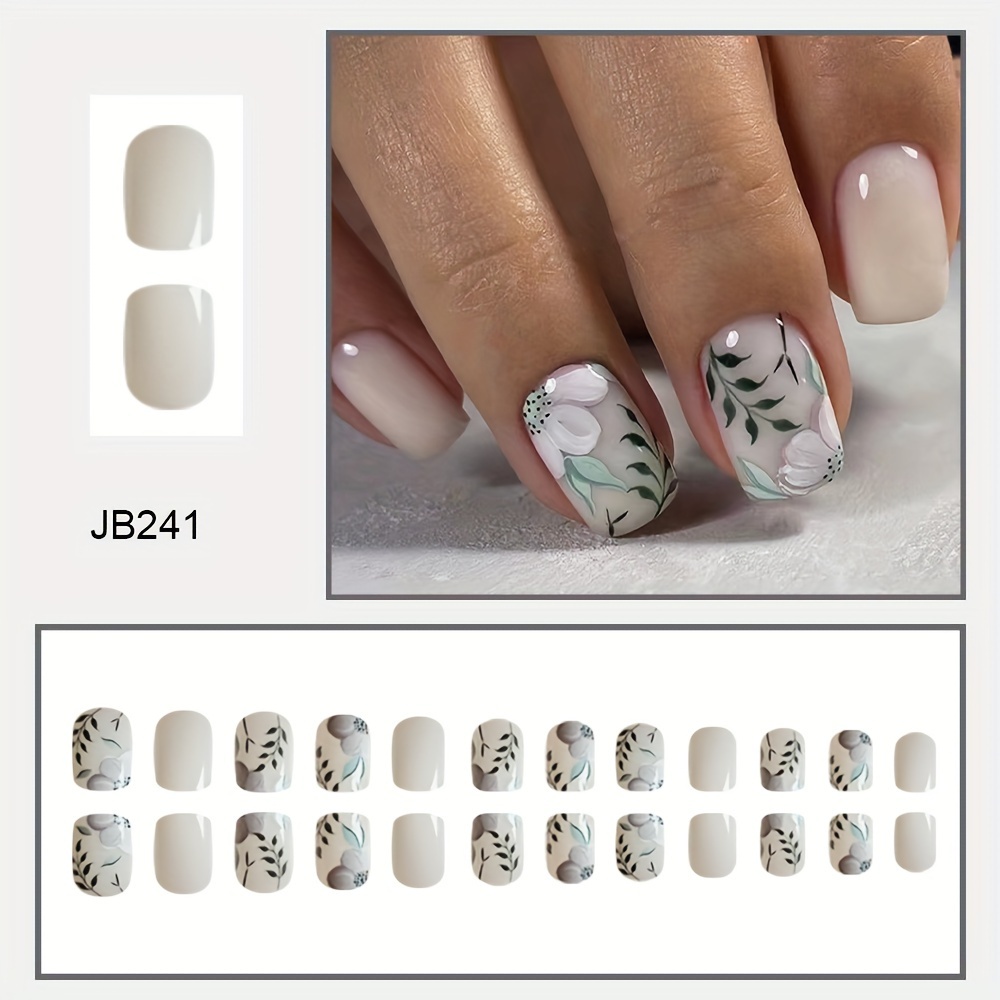 24pcs Of Short Square Green Leaf Gradient Flower Nail Art, Wearable And Removable Fake Nails