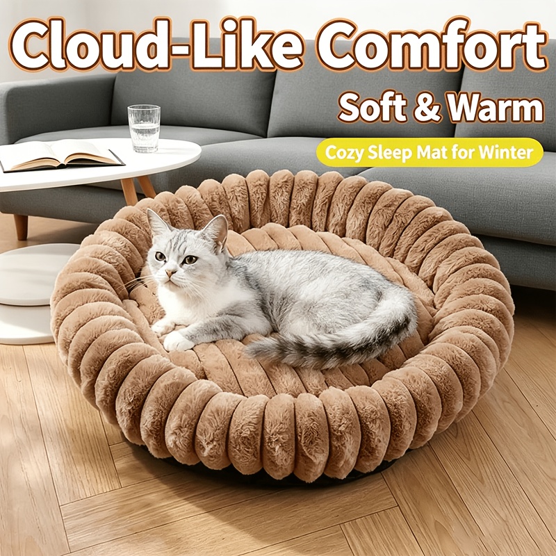 1pc round plush cat bed for indoor cats soft pet bed cushion anti slip bed mat for small to medium dogs kittens machine washable pet sleeping nest for winter Product details 0