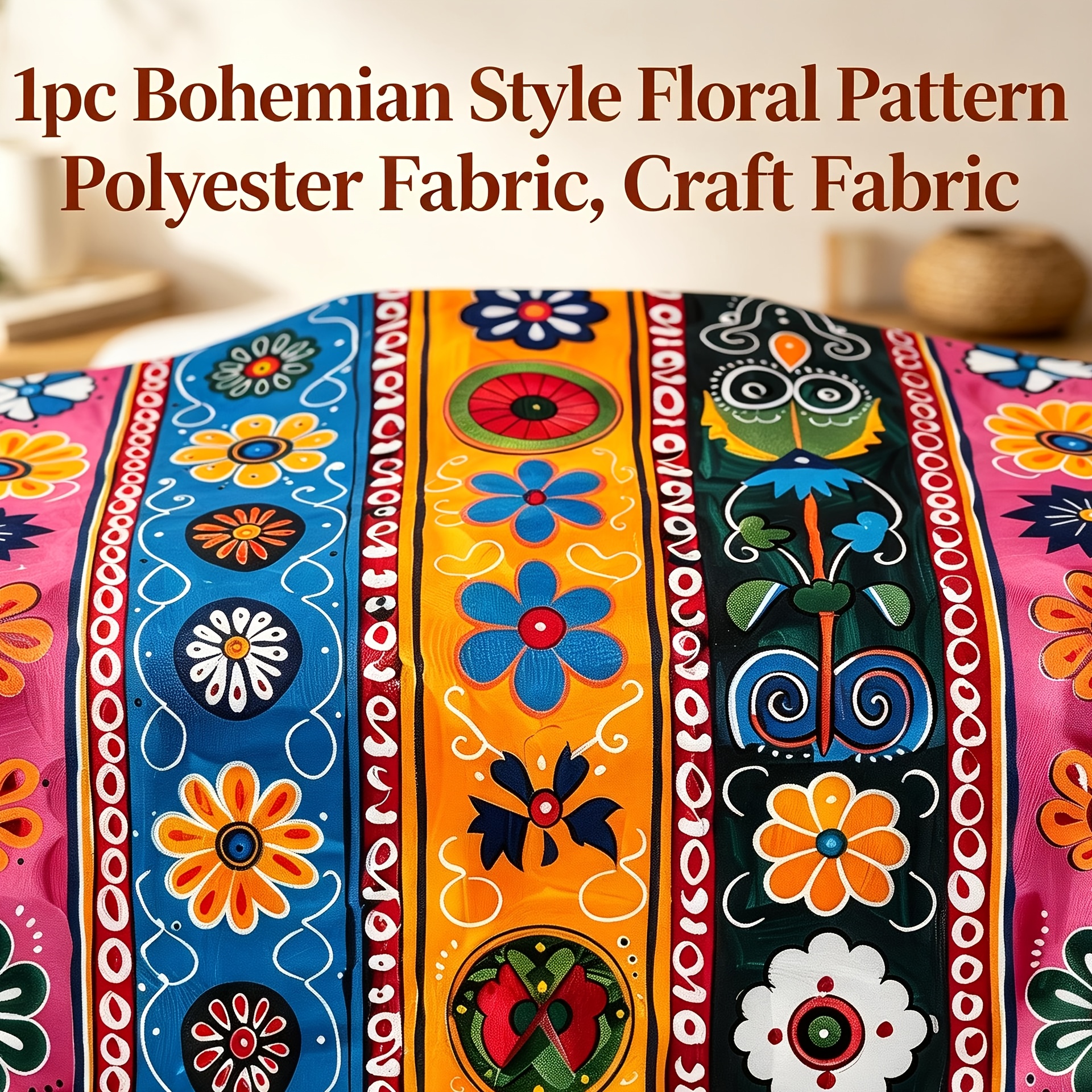 TEMU 1pc Bohemian Style Themed Floral Striped Pattern Combination Printed Fabric, Available. Single-sided Printed Cloth, Made Of High-quality Fabric