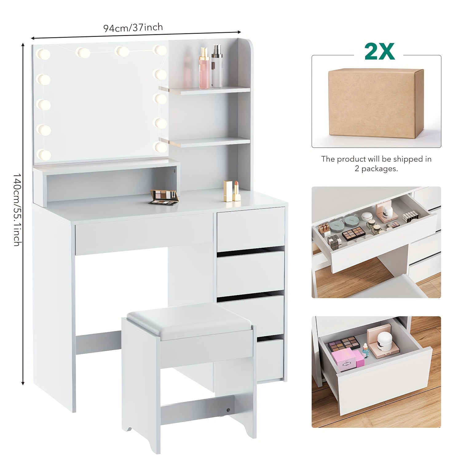 Dressing Table With Mirror And Stool, White Makeup Vanity Desk Dressing Table With Drawers, Open Shelves Bedroom Dressing Tables With 12 Led Lights Adjustable Brightness