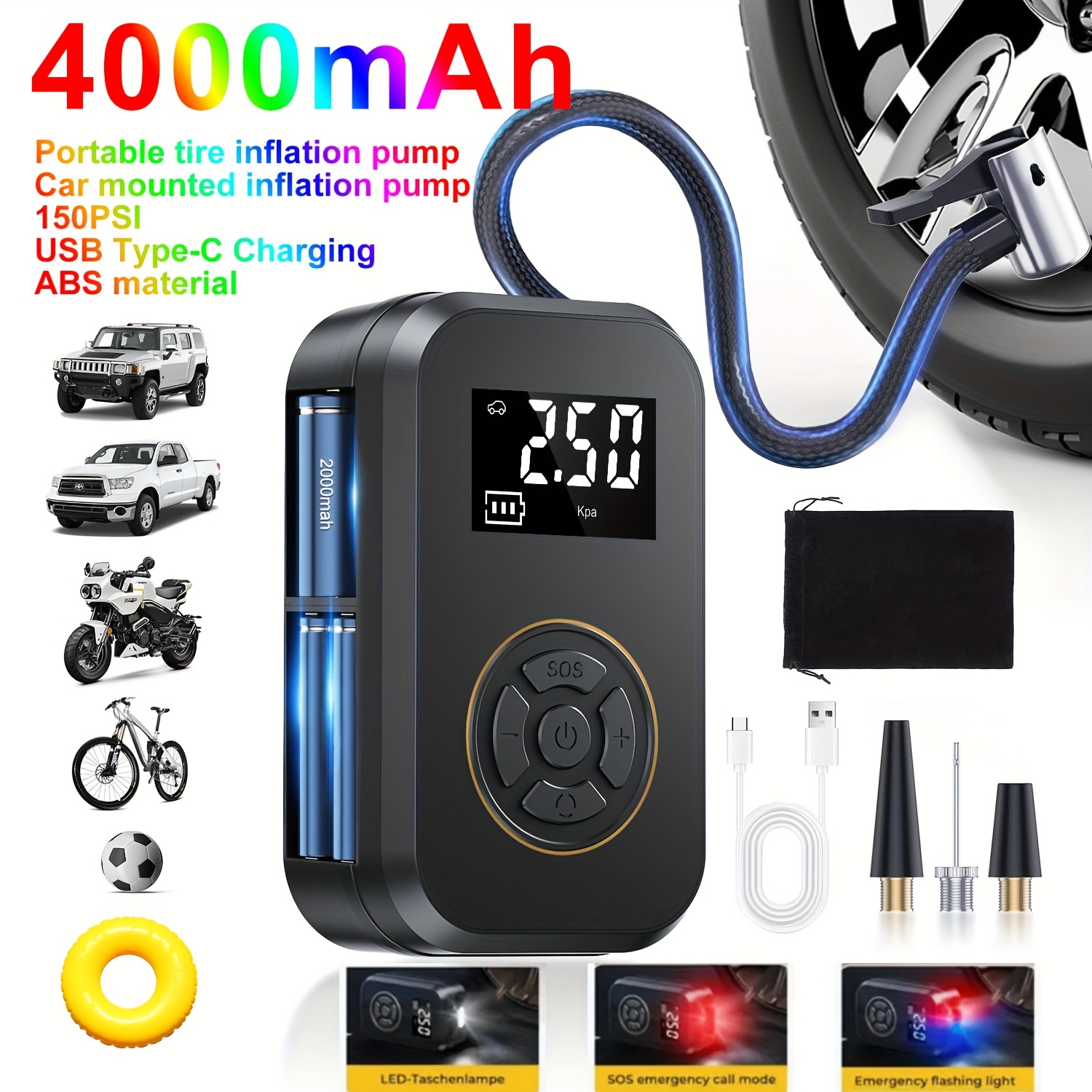 Gonfleur de pneu de moto sans fil 120 Watt avec affichage numérique, compact et doté d'une lumière LED et de buse de gonflage – Image 3