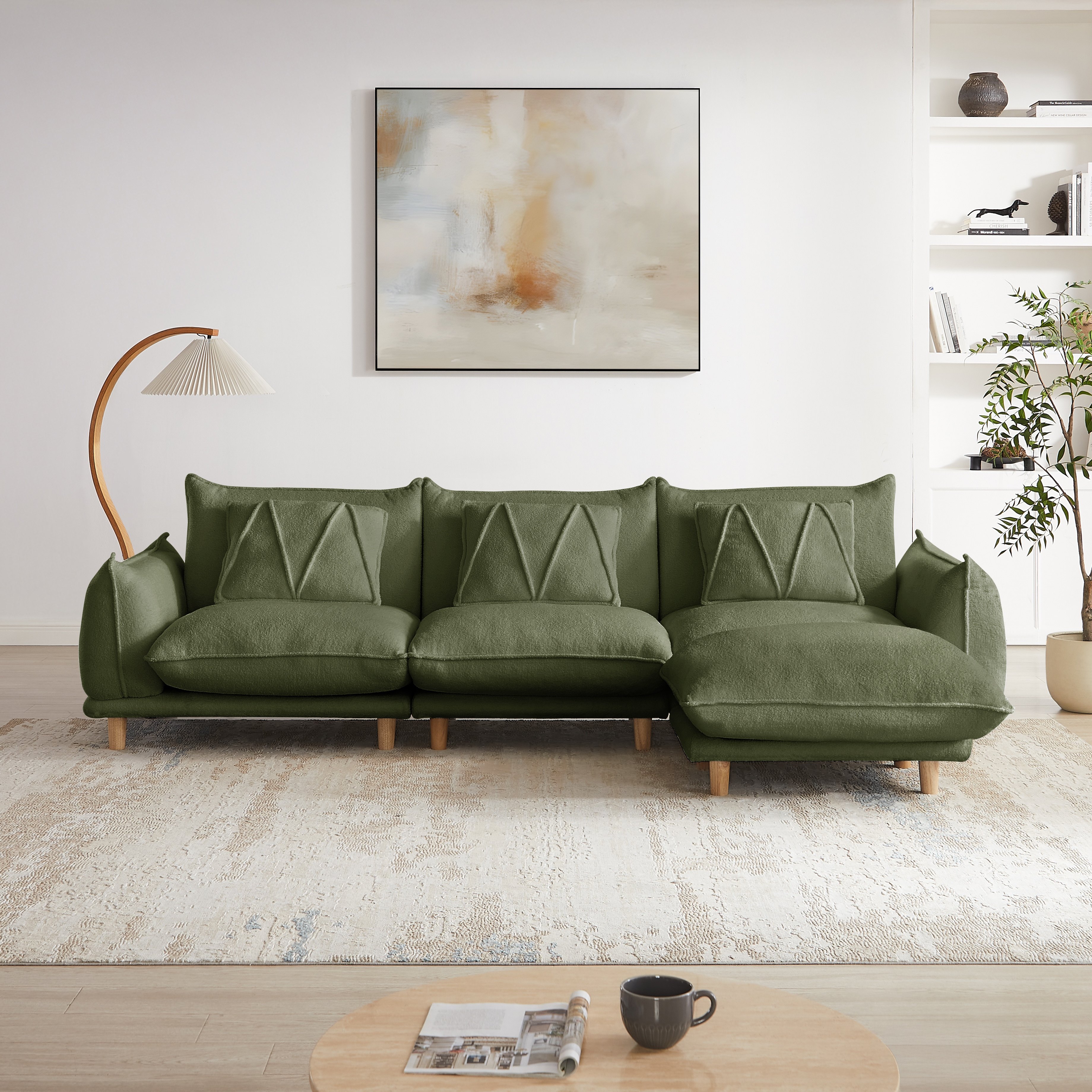 Modern Oversized Three-seater Living Room Sofa Set, L-shaped Modular Sectional Couch With Ottoman, Deep-seat Lambswool Fabric, Quilted Cloud-patterned Sofa With 3 Throw Pillows