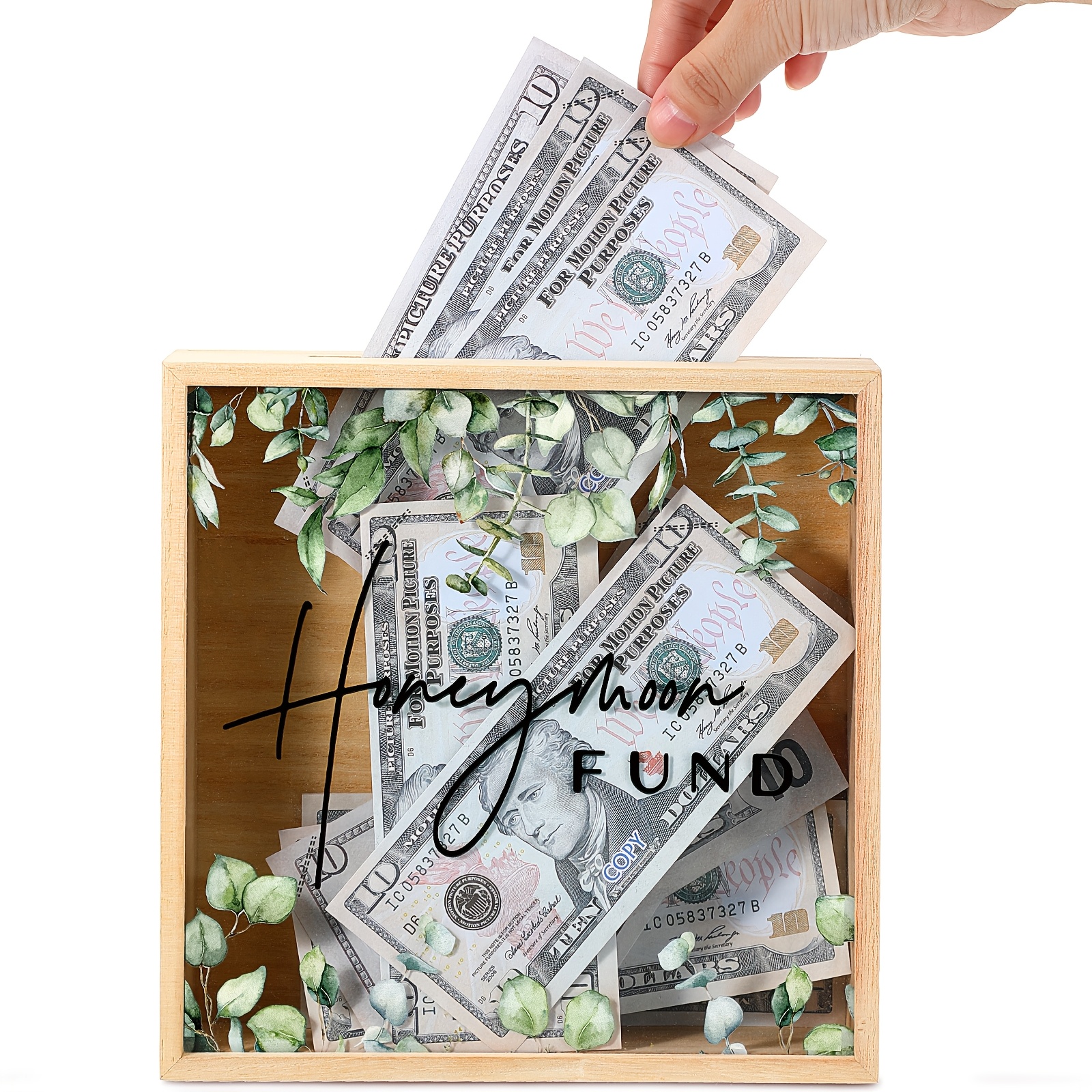 TEMU Rustic Wooden Honeymoon Fund Box With Greenery Accents - Wedding Reception, Bridal Shower Gift, 8x8 Inches