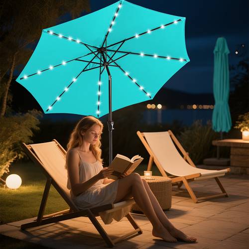 9ft solar powered patio umbrella with 32 led lights uv protection beige teal polyester canopy modern outdoor umbrella for deck yard outdoor umbrellas for patio
