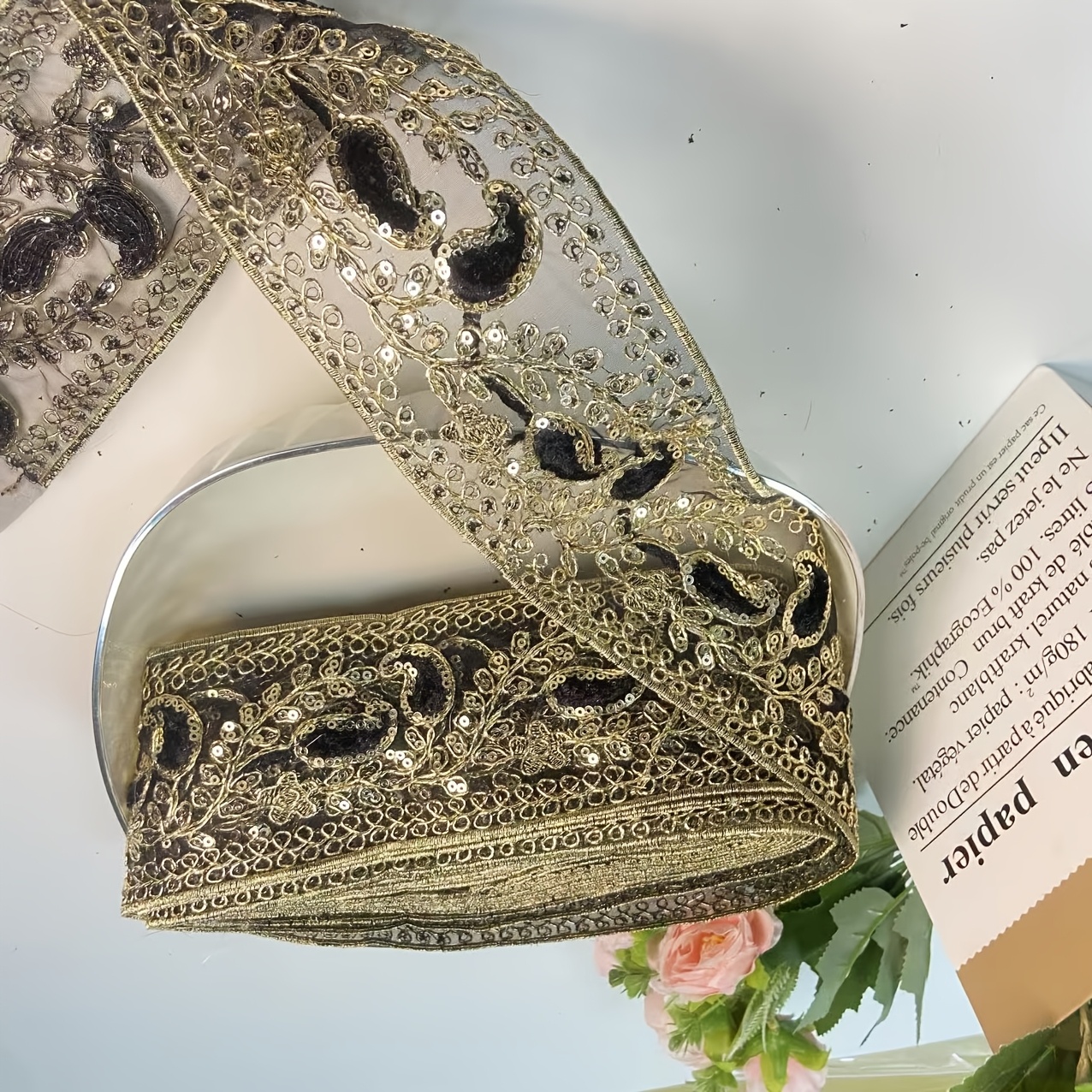 black golden paisley floral sequin lace trim heavy embroidered border for bridal   and sewing