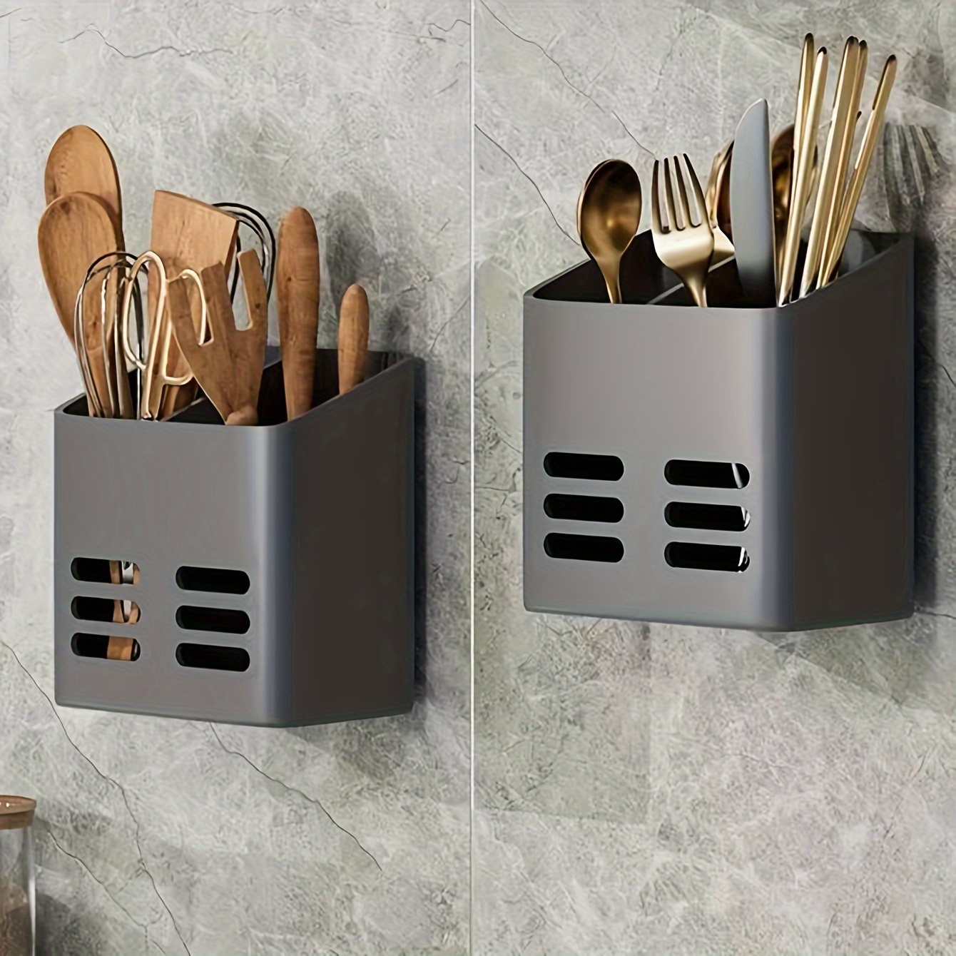 

Space-saving Wall-mounted Utensil Holder With Drain Basket - Multifunctional, No-drill Storage Organizer For Kitchen & Bathroom