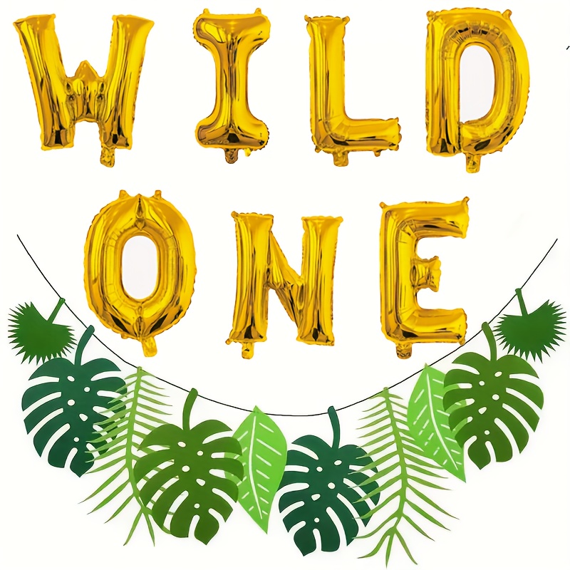 Image of 17pcs Wild 1 Aluminum Foil Balloon Banner, Felt Leaf Shaped Banners, Leaves Banner, Jungle Party, Hawaiian Party Fun Summer Birthday Party Garland Wildlife Park Themed Decorations Halloween Christmas