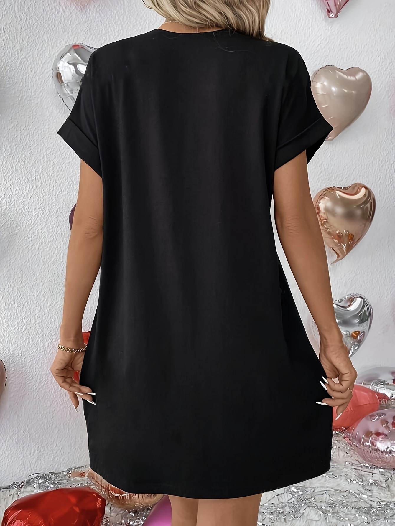 Dual Pocket Crew Neck Loose Dress, Casual Short Sleeve Dress For Spring & Summer, Women's Clothing