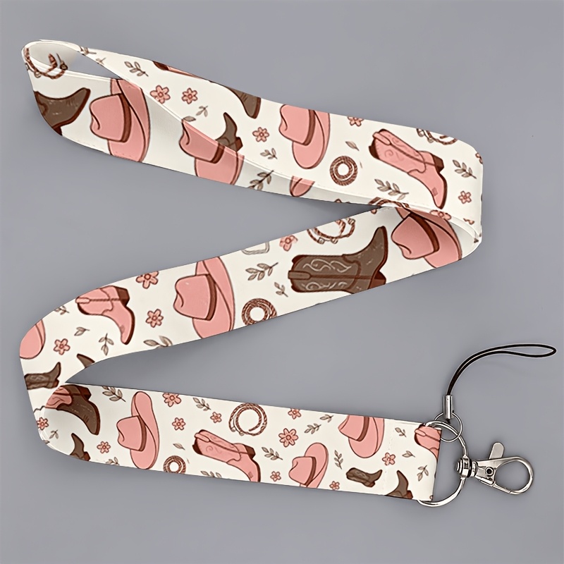 TEMU 2d Flat Suitable For Office Workers And Students, Unisex, Vintage American Western Pink Brown Cowboy Hat Boot & Floral Print Lanyard For Phones