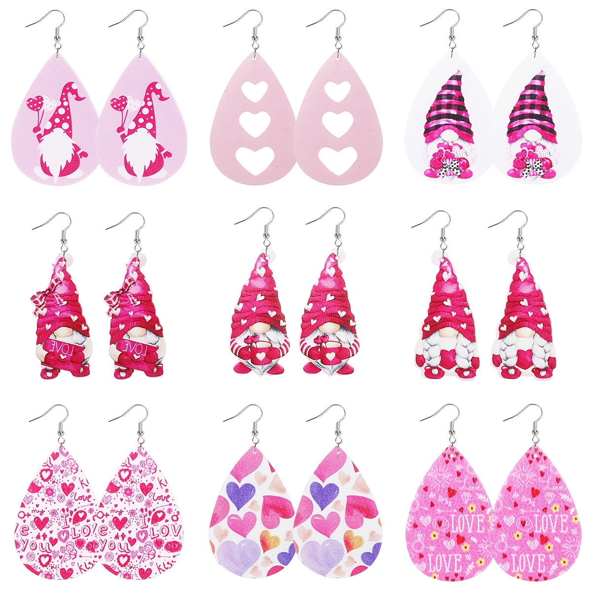 

9 Pairs Valentine's Day Earrings Set, Cute Pink & Heart Cut-out Design, Leather Dangle Earrings With Iron Hooks, Assorted Love Themed Daily & Gift Wear For Women